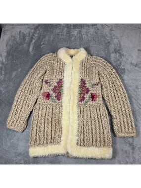 Vintage Cardigan Womens Small Beige Chunky Floral Crochet Boho Hippie 70s 80s